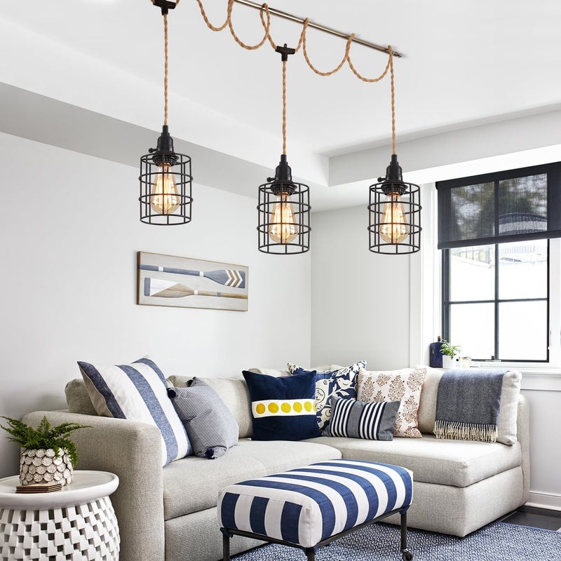 KENMI 3-Light Hanging Light with Plug in Cord,Plug in Pendant Light 22ft Hemp Rope Pendant Lighting Vintage 3-Light Hanging Lamp Fixtures for Kitchen Island Living Room Bedroom - Image 5